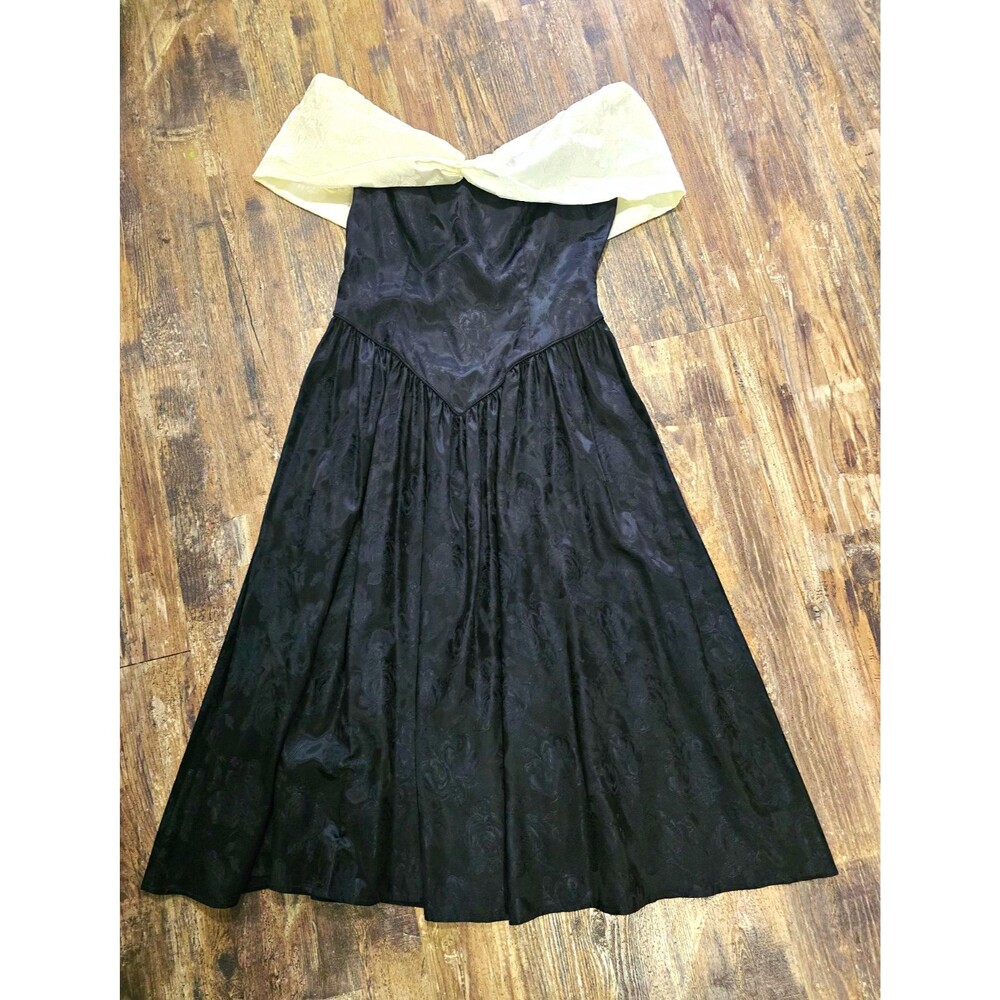 vintage Women's Black Floral Jacquard Satin Off Shoulder Bow Midi Dress Size S